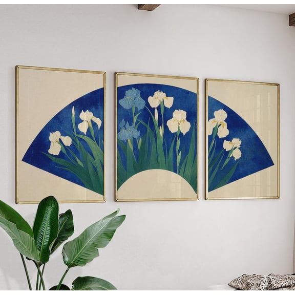 Iris Flower Fan Japanese Botanical Blue Art Prints Wall Decor Set 3 Unframed Paper Print 8x12