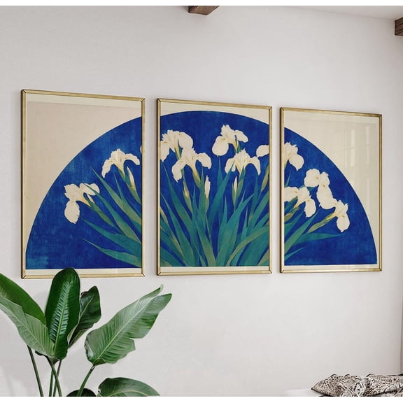 Iris Flower Fan Japanese Botanical Blue Art Prints Wall Decor Set 3 Unframed Paper Print 8x12