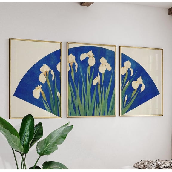 Iris Flower Fan Japanese Botanical Blue Art Prints Wall Decor Version 2 Set 3 Unframed Paper Print 8x12