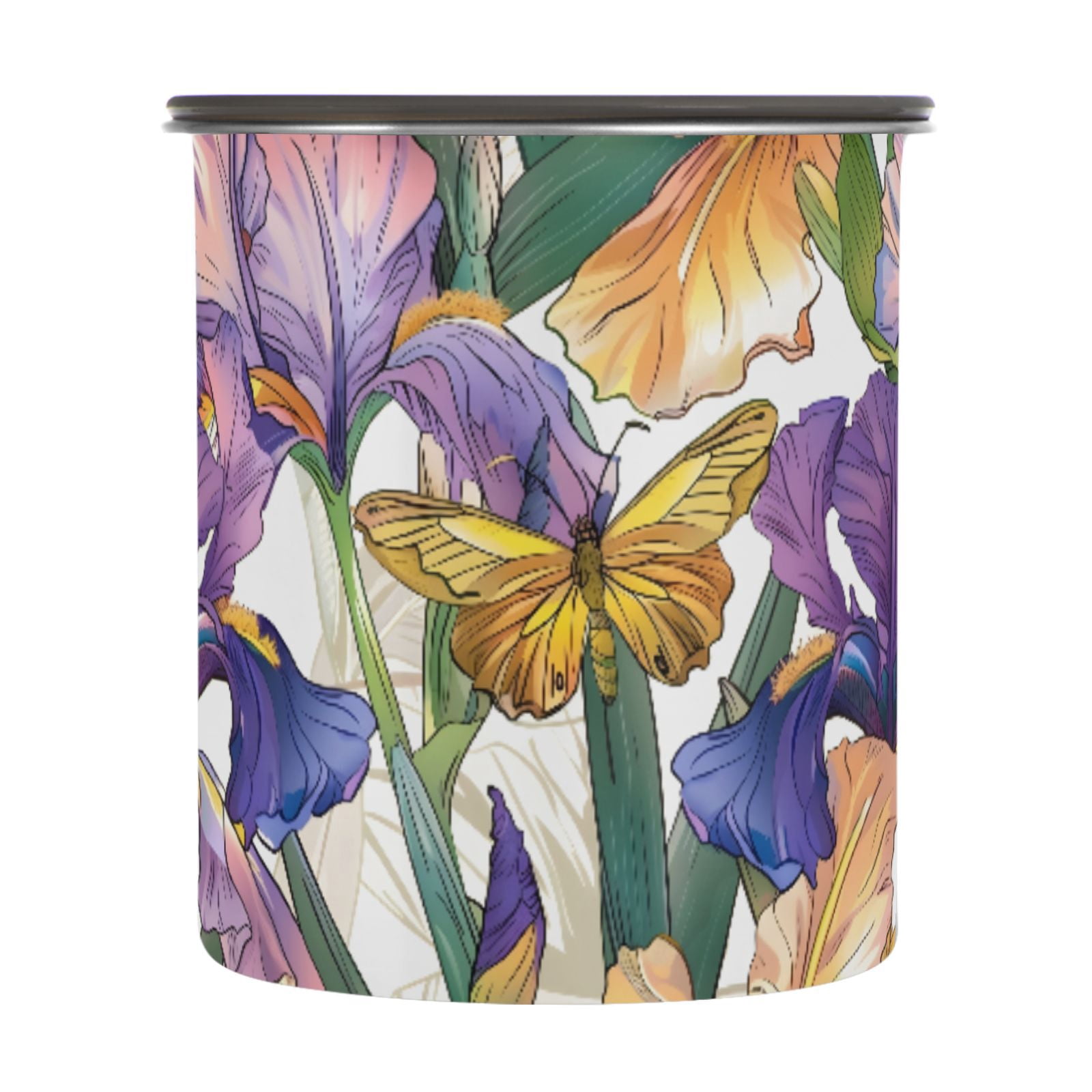 Iris Flower Floral Butterfly Airtight Coffee Bean Canister 30oz Food Storage Containers with Lids For Gournd, Tea, Sugar, Flour, Rice, Cereal, Candy Cookie Jar