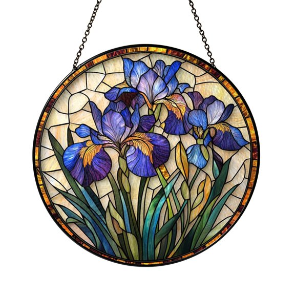 Iris Flower Garden Stained Glass Suncatcher, Purple Floral Window Decor Hanging Ornament, Decorative Art Glass Panel, Stylish Home Accent, Creative Gift for Mom Wife