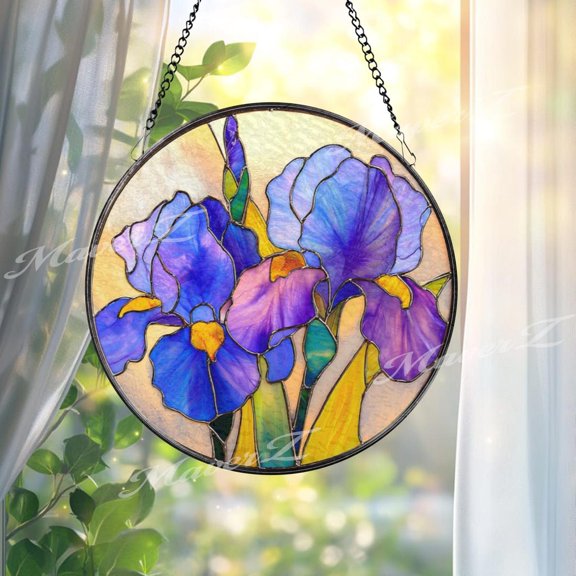 Iris Flower Glass Suncatcher, Round Blue Purple Floral Window Hanging, 7.9 in