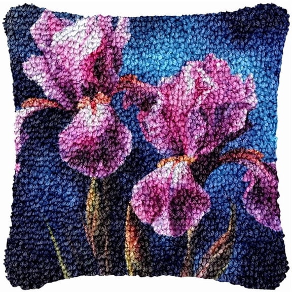 Iris Flower Latch Hook Kits Pillow DIY Pillow Cover Crochet Hooking Cushion Making Kits Color Pattern Canvas Pillowcase Hooking Kits DIY Latch Hook Kits Set 43x43cm(F132)