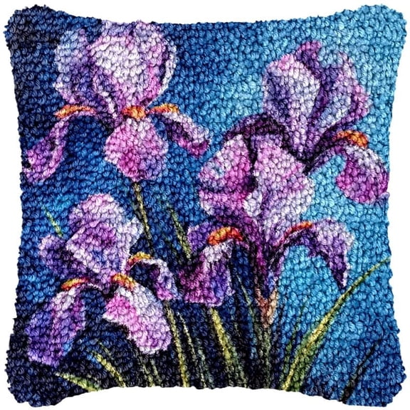 Iris Flower Latch Hook Kits Pillow DIY Pillow Cover Crochet Hooking Cushion Making Kits Color Pattern Canvas Pillowcase Hooking Kits DIY Latch Hook Kits Set 43x43cm(F133)