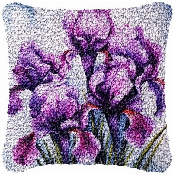 Iris Flower Latch Hook Kits Pillow DIY Pillow Cover Crochet Hooking Cushion Making Kits Color Pattern Canvas Pillowcase Hooking Kits DIY Latch Hook Kits Set 43x43cm(F131)