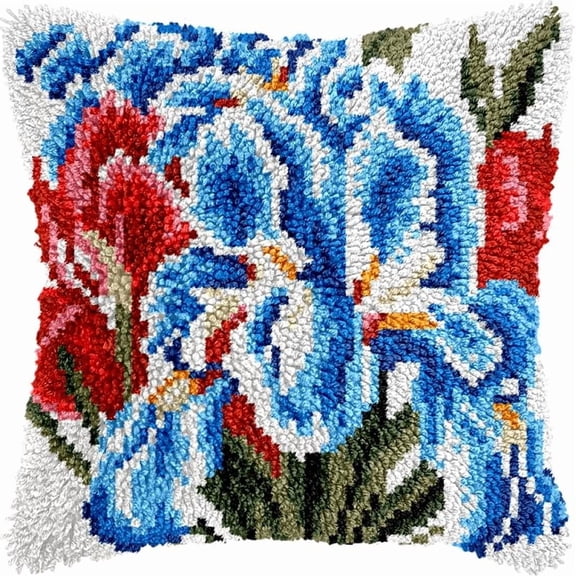 Iris Flower Latch Hook Kits Pillow DIY Pillow Cover Crochet Hooking Cushion Making Kits Printed Pattern Canvas Pillowcase Hooking Kits Pillow Cover Crochet Kits 43x43cm(es82)