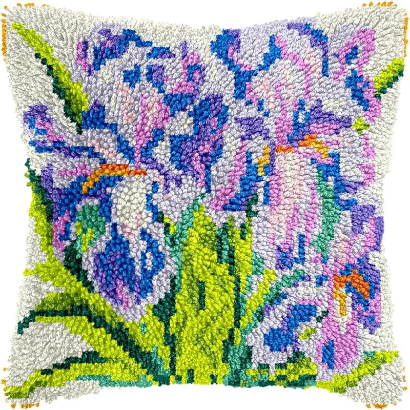 Iris Flower Latch Hook Pillow Kits Pillow Cover with Pattern Printed Canvas Sofa Hooking Pillowcase Cushion Crafts Embroidery Latch Hooking Crochet Starter Kits 17x17 inch(1)