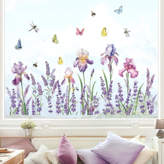Iris Flower Lavender Window Clings Grass Butterflies Easter Window Decals Anti-Collision Glass Doors Window Stickers(W: 116cm/45.7 Inches)