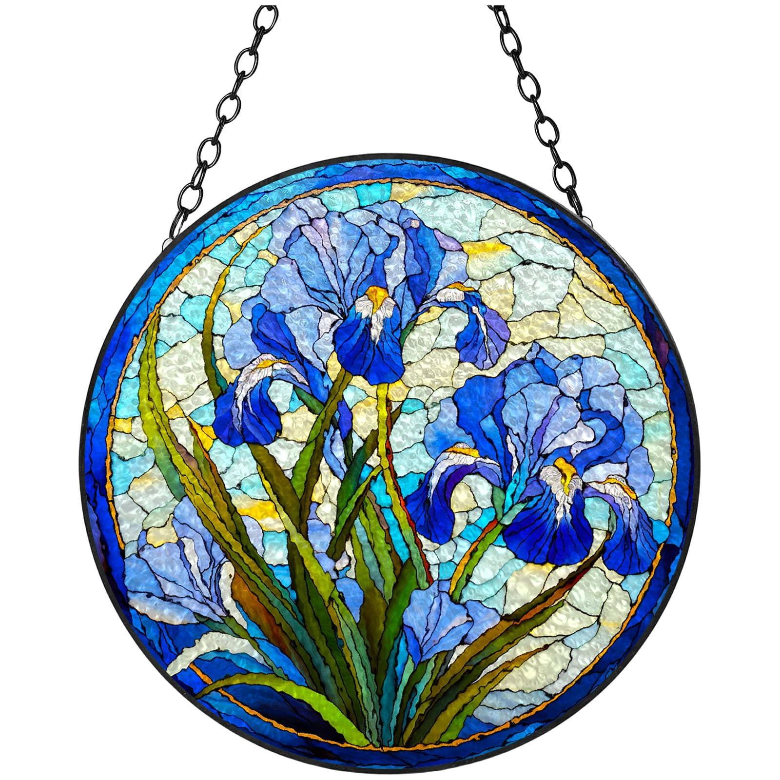 Blau Iris Suncatcher Aus Echtem Buntglas – Ca. 17,8 Cm Hoch, Mit Silbernem Finish