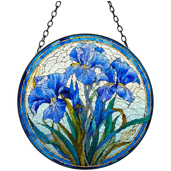 Iris Flower Stained Glass Suncatcher Handmade Window Hangings Colored Glass Suncatcher Crafts Kits for Indoor Garden Christmas Decoration 16x16cm(7)