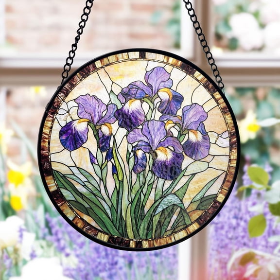 Iris Flower Stained Glass Suncatcher, Purple Bloom Window Decor, Art Nouveau Stained Glass Style, Floral Gift for Her, Botanical Home Accent