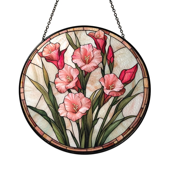 Iris Flower Stained Glass Suncatcher Window Decor, Round Pink Floral Hanging Art for Interior Spaces