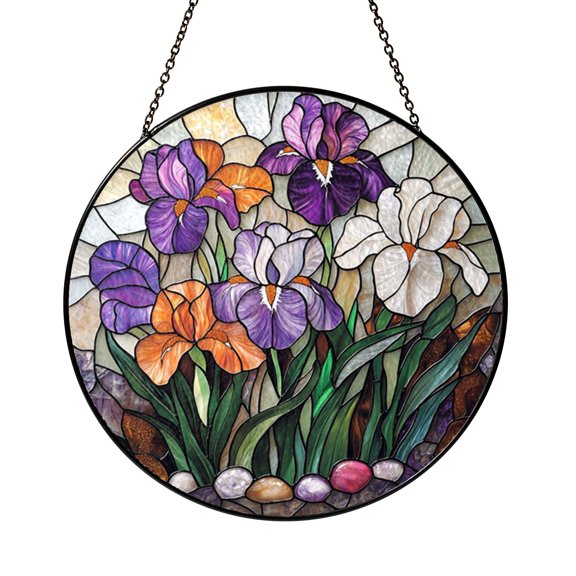 Iris Flower Stained Glass Suncatcher Window Hanging Featuring Blooming Iris Flowers Botanical Design Decorative Glass Art for Home Interior Window Display with Floral Nature Theme