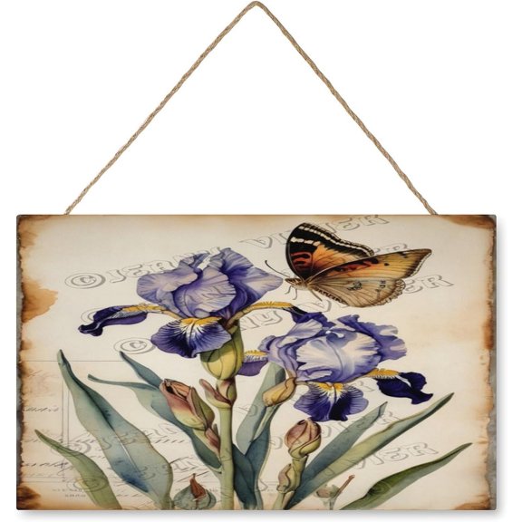 Iris Flower Wood Hanging Sign, Flower Decor, Welcome Sign, Rustic Door Sign, Wood Wall Art,Rustic Farmhouse Decor 10x16 Inches