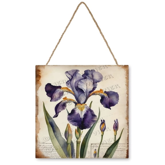 Iris Flower Wood Hanging Sign, Wood Wall Art, Funny Bathroom Wood Decor Sign, Hanging Printed Wooden Plaque Dcor 12x12 Inches