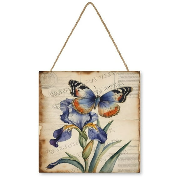 Iris Flower Wood Hanging Sign, Wood Wall Art, Funny Bathroom Wood Decor Sign, Rustic Wall Art for Bedroom Living Room 12x12 Inches