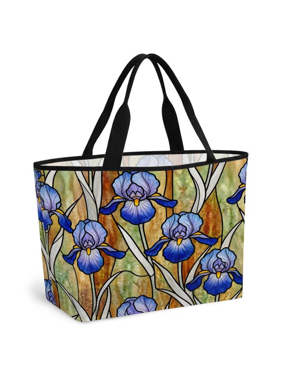 Iris Flowers Beach Bag for Women, Large Breathable Mesh Beach Tote Bag, Vintage Purple Floral Abstract Botanical Sandproof Lightweight Travel Bags for Vacation Picnic Swimming Pool 15.7"x15.7"x9.1"