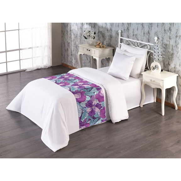 Iris Flowers Bed Runner, Trippy Exotics Design of Flowers with Delicate Petals and Dreamy Leaves, Decorative Accent Bedding Scarf for Hotels Homes & Guest Rooms, Twin, Cadet Blue Purple, by Ambesonne