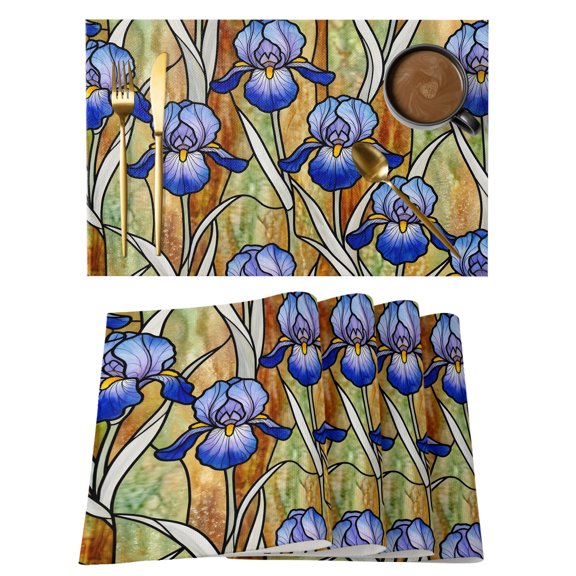Iris Flowers Cotton Linen Placemats Set of 1, Lead Lines Floral Abstract Botanical Washable Table Place Mats Heat Insulating Placemat for Dining Room Kitchen Daily Use 13 x 19 Inch