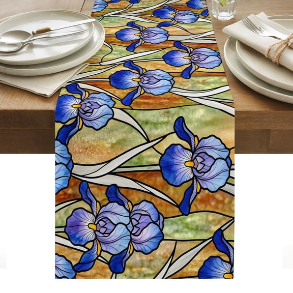 Iris Flowers Cotton Linen Table Runner Lead Lines Floral Abstract Botanical Dining Table Runners for Home Decor Party Dining Room Restaurant Kitchen Party 13" x 36"