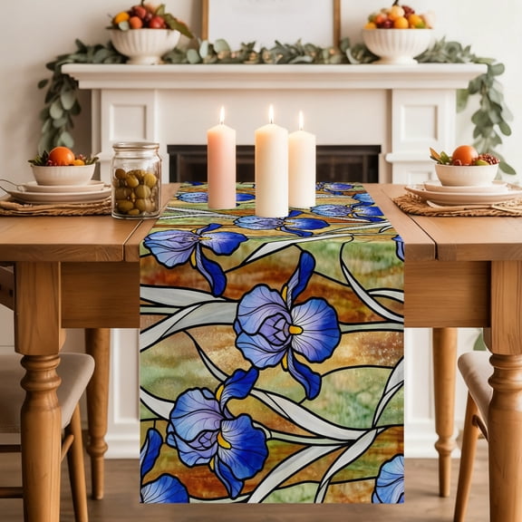 Iris Flowers Dining Table Runner, Lead Lines Floral Abstract Botanical Washable Table Runners Kitchen Coffee Table Center Decor for Home Party Holiday Wedding 13 x 36 Inches