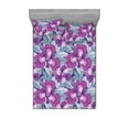 thumbnail image 1 of Iris Flowers Fitted Sheet & Pillow Sham Set, Trippy Exotics Design of Flowers with Delicate Petals and Dreamy Leaves, Decorative Printed 3 Piece Bedding Decor, Full, Cadet Blue Purple, by Ambesonne, 1 of 2