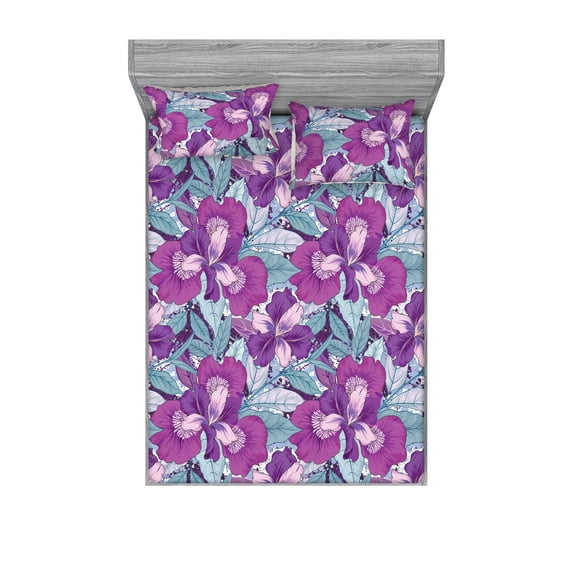 Iris Flowers Fitted Sheet & Pillow Sham Set, Trippy Exotics Design of Flowers with Delicate Petals and Dreamy Leaves, Decorative Printed 3 Piece Bedding Decor, Full, Cadet Blue Purple, by Ambesonne