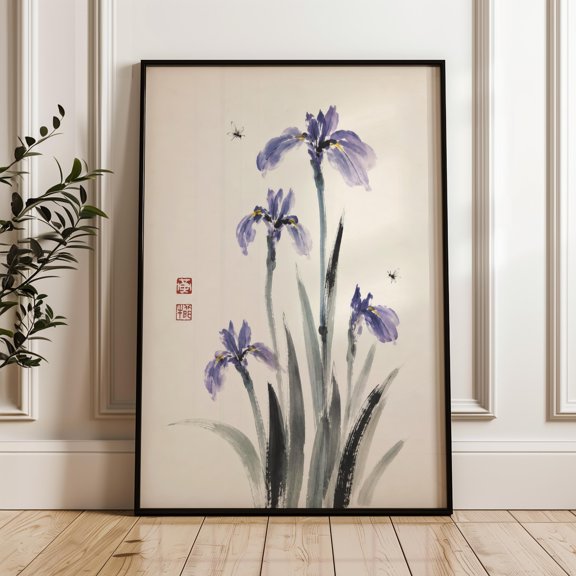Iris Flowers, Japanese Watercolor Wall Art Print, Minimalist Botanical Poster, Poster Only