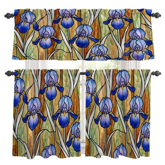 Iris Flowers Kitchen Curtains Set for Windows, Lead Lines Floral Abstract Botanical Curtains Valance and Tier 3 Piece Set Small Drapes 36 Inch Length for Kitchen Bedroom Decor