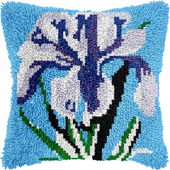 Iris Flowers Latch Hook Kits Pillow DIY Rug Crochet Hook Cushion Making Kits with Preprinted Pattern Canvas Instruction Yarns Pillow Cover Easy Starter DIY Crochet Kits 43x43cm de56)