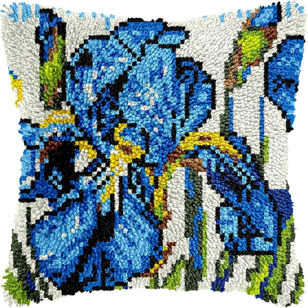 Iris Flowers Latch Hook Pillow Kits for DIY Handmade Throw Pillow Cushion Embroidery Latch Hooking Pillowcase Kits with Preprinted Canvas Crochet Yarn Kits 17''X 17''(g2)