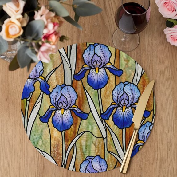 Iris Flowers Round Braided Placemats Set of 2, Lead Lines Floral Abstract Botanical Heat Insulation Place Mats Washable Non-Slip Table Mats for Kitchen Dining Party, 13 Inches