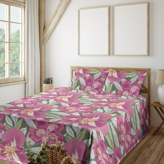 Ambesonne Iris Flowers Fitted & Flat Sheet with Sham 3 Pcs Set, Dreamy Tropical Scene, Twin XL, Pastel Pink Pale Green
