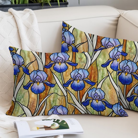 Iris Flowers Throw Pillow Cover, Pillowcase Protectors with Zipper, Breathable Decorative Lumbar Pillow Case Cover, Vintage Purple Floral Abstract Botanical Pillow Shams for Couch Sofa 12x20Inch
