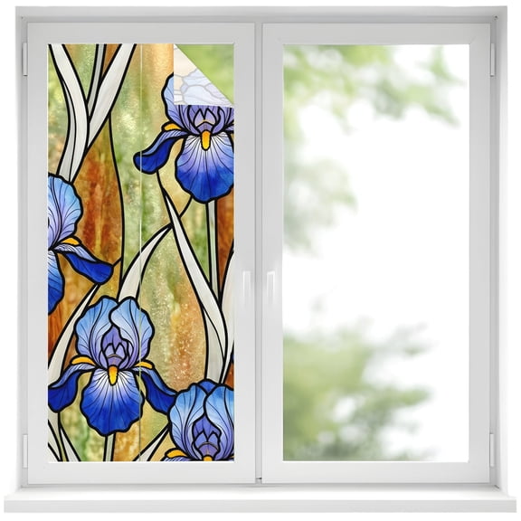 Iris Flowers Window Privacy Film Lead Lines Floral Abstract Botanical Decorative Glass Window Film UV Blocking Static Cling Non-Adhesive Sticker Covering for Home Door 19.6 x 39.3 inches
