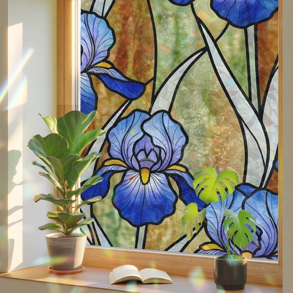 Iris Flowers Window Privacy Film, Lead Lines Floral Abstract Botanical Stained Glass Rainbow Film Decorative Window Clings, Static Cling Sun Blocking Stickers 23.6" x 59"