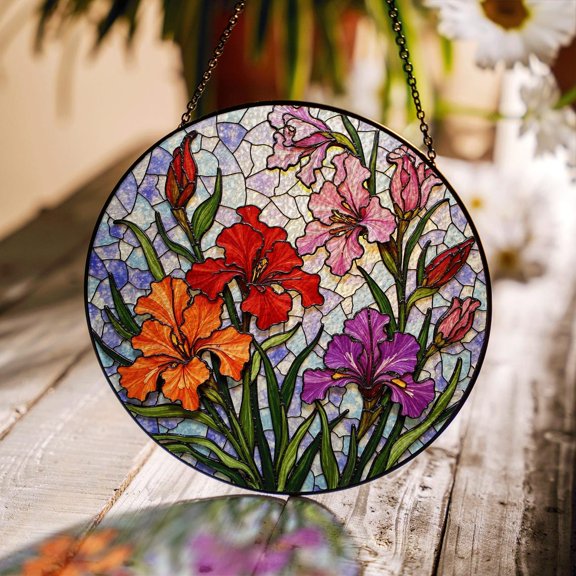 Iris Garden Flowers Glass Suncatcher, Round Window Hanging, 7.9 in