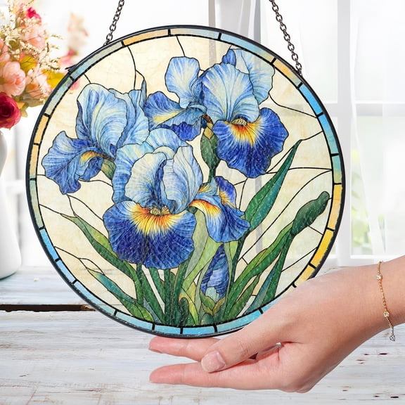 Iris Glass Suncatcher v5, Floral Window Hanging Art, Botanical Garden Home Decor, 3.5 in