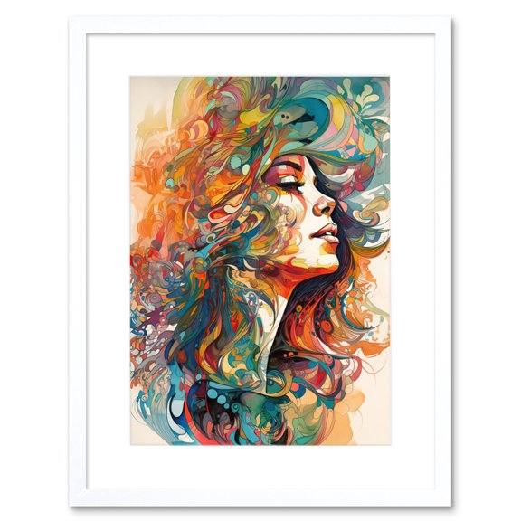 Iris Goddess of Rainbows Multicoloured Flowing Hair Deity Portrait Modern Watercolour Illustration Artwork Framed Wall Art Print 9X7 Inch