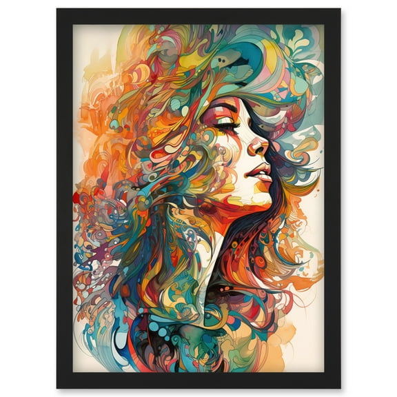 Iris Goddess of Rainbows Multicoloured Flowing Hair Deity Portrait Modern Watercolour Illustration Artwork Framed Wall Art Print A4