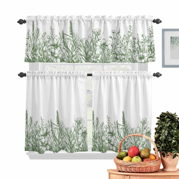 Iris Lavender Kitchen Curtains Valances 3 Piece Set, Sage Green Plant Flower Rod Pocket Tier Curtain and Valance Drapes for Small Window 24 Inch Length for Bedroom Cafe