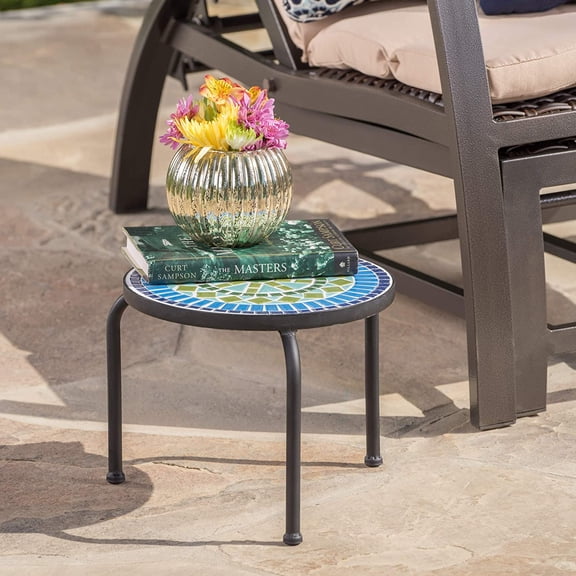 Iris Outdoor Ceramic Tile Side Table with Iron Frame, Blue / Green