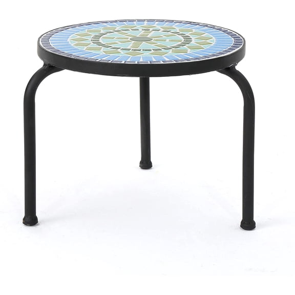 Iris Outdoor Ceramic Tile Side Table with Iron Frame, Blue / Green