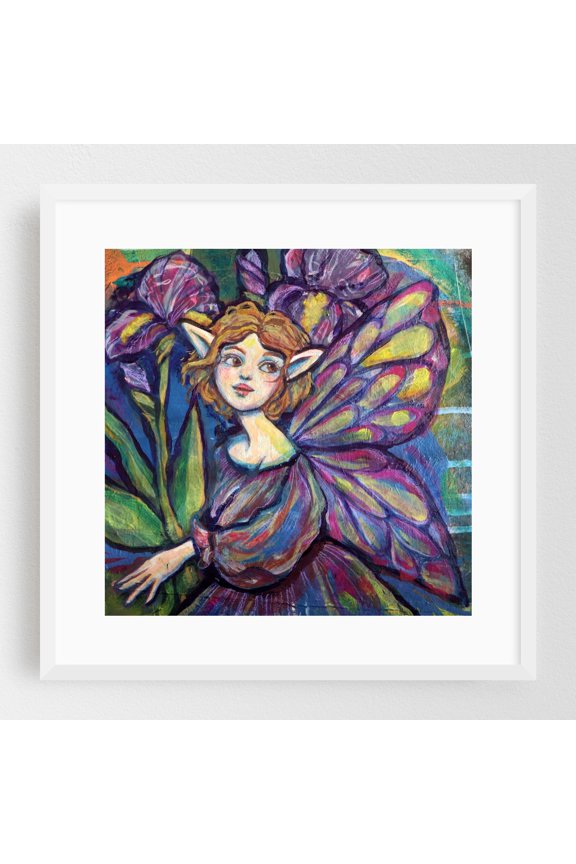 Iris Pixie - Marshall Michigan Painting Fantasy Whimsical Illustration Mystical Floral Watercolor White Framed Wall Art Print 8 x 8 inches