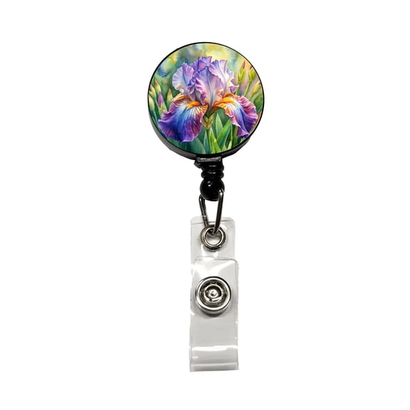 Iris Purple Flowers Watercolor Retractable Reel ID Badge Key Card Name Tag Holder with Clip