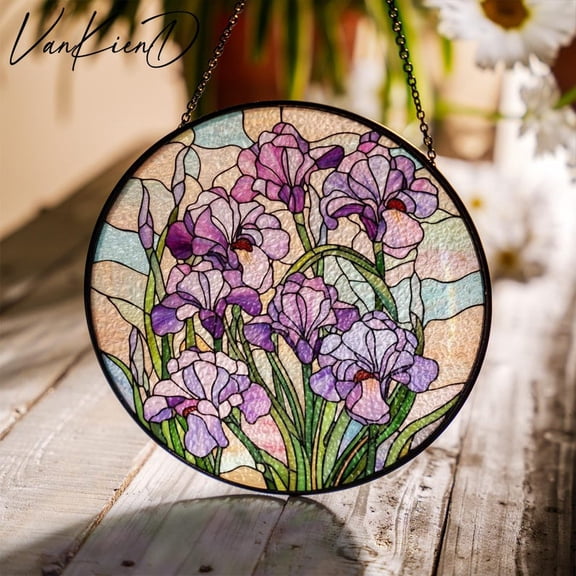 Iris Stained Glass Suncatcher, Purple Iris Window Hanging, Floral Stained Glass Panel, Spring Flower Decor, Garden Gift