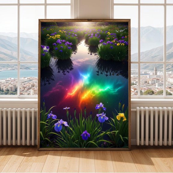 Iris Wall Art Print, Minimalist Mixed Media, Purple Irises And Rainbow Nebula, Modern Living Room And Office Decor