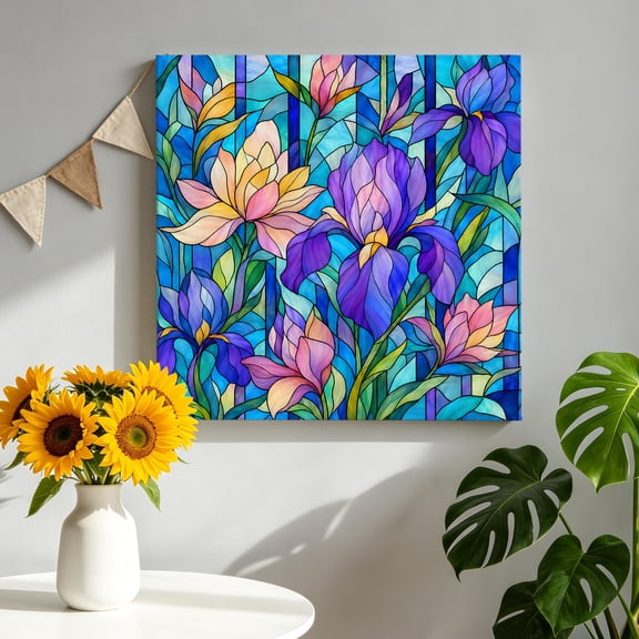Iris Water Lily Canvas Wall Art for Living Room, Vintage Floral Purple Pink Stained Glass Texture Poster Print Painting for Bedroom Office Home Decoration Wall Pictures Prepare To Hang 8"x8"
