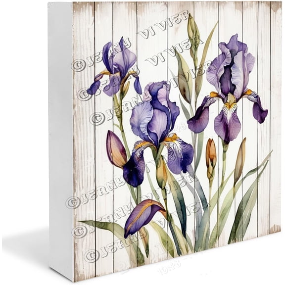 Iris Wooden Box Sign Iris Gifts Funny Flower Art for Bedroom Rustic Coffee Table Decor Table Centerpieces for Party Wood Block Signs For Shelf Desk Decoration 5x5 In