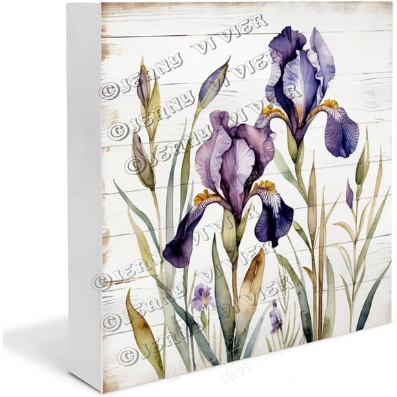 Iris Wooden Box Sign Iris Gifts Funny Flower Art for Living Room Rustic Desk Decor Table Centerpieces for Dining Room Wood Block Signs For Shelf Desk Decoration 5x5 In